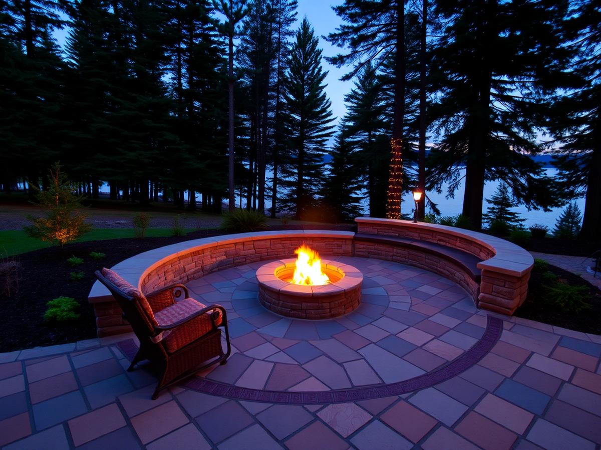 Stone fire pit with curved seat wall